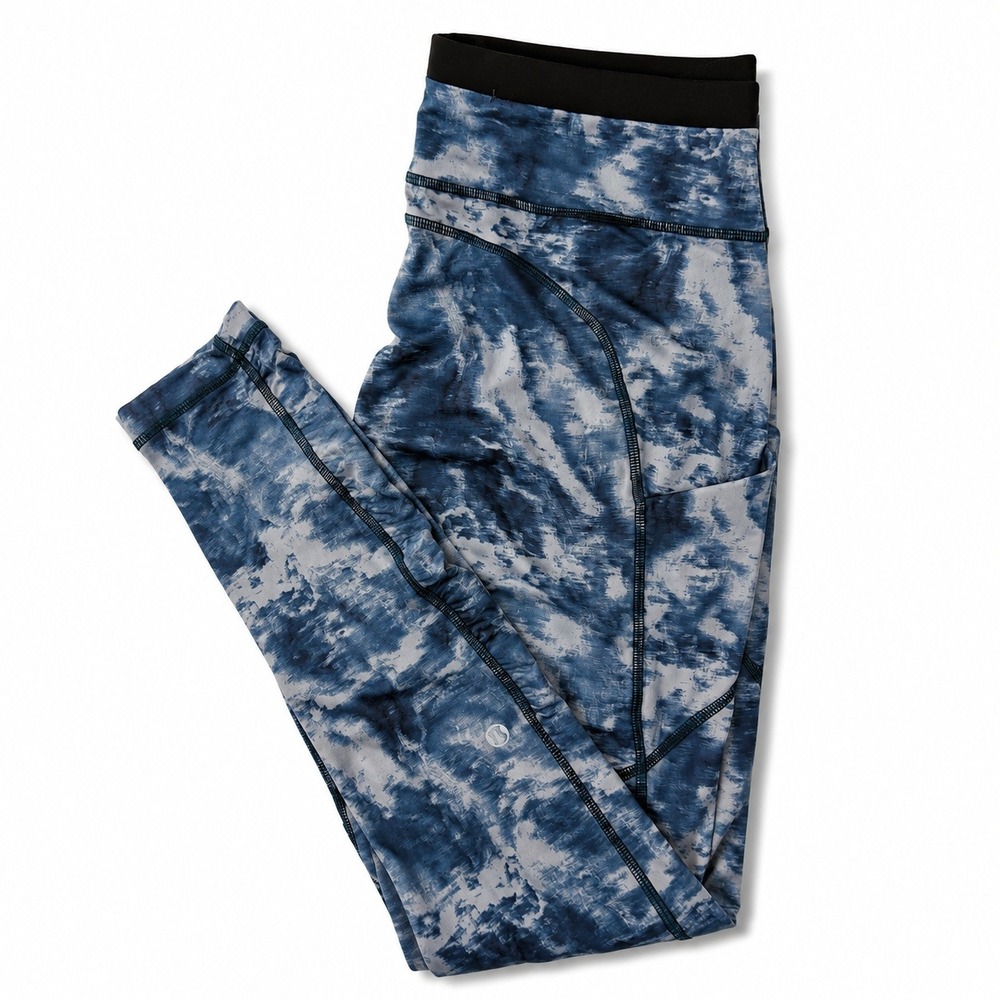 Lululemon Run Inspire Crop II Leggings Womens 10 Blue White Tie Dye Ruched